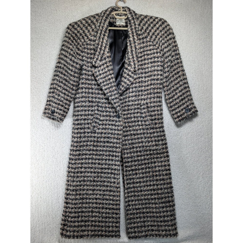 Linda Richards Vintage Women Long Trench Coat 100% Wool Tweed Grey Brown Fit 8